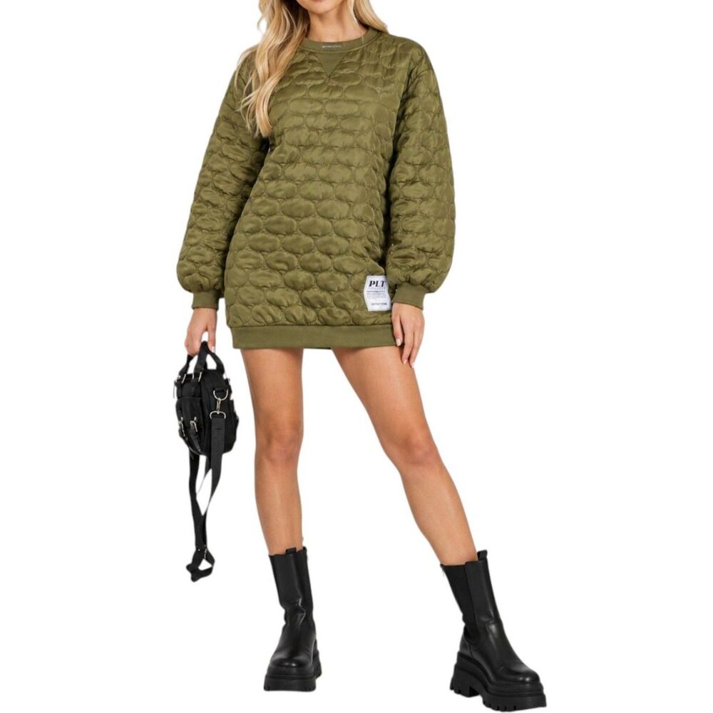 PrettyLittleThing Olive Green Quilted Sweatshirt Mini Dress | US 8